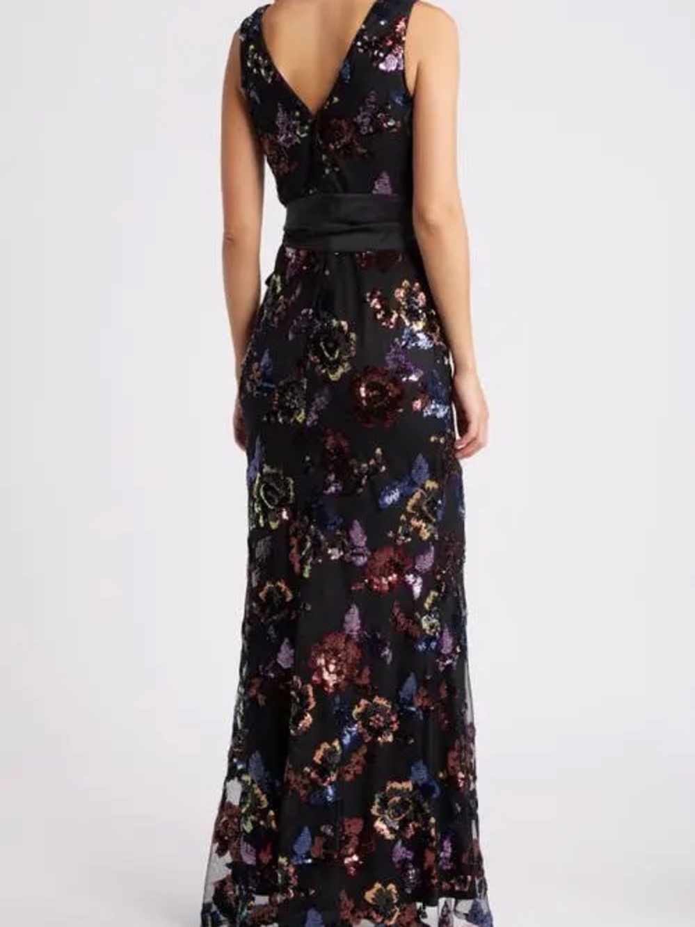 Embellishment Dark Floral Sequin Maxi Dress Satin Bow Waist V-Neck - Picture 5 of 9